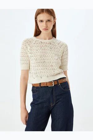 Koton Durchbrochenes, Mit Perlen Besticktes Crop-sweatshirt – Kurze Ärmel, Rundhalsausschnitt für Damen - M
