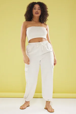 Trendyol Beigefarbene Leinenhose Mit Cargotaschen Und Schnürung In Übergröße für Damen - 44