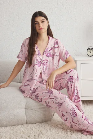 Trendyol Viskose-pyjama-set Mit Tiermuster Und Paspelierung für Damen - 42
