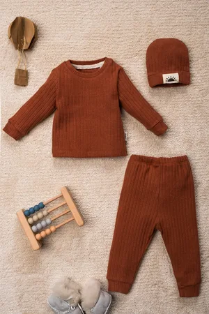 Trendyol Tile Unisex Baby 3-teiliges Geripptes Strickset – Baumwoll-unterteil-top-set für Damen - 9–12 Monate