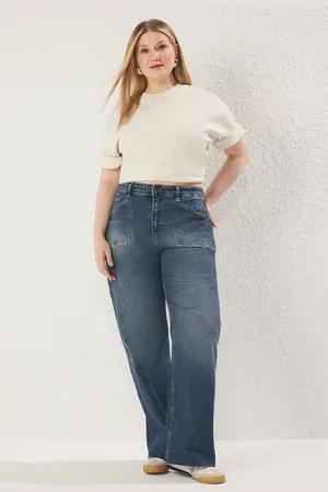 Trendyol Dunkelblaue Jeans Mit Weitem Bein Und Hoher Taille, Bequem, Große Größe, Weites Bein für Damen - 52