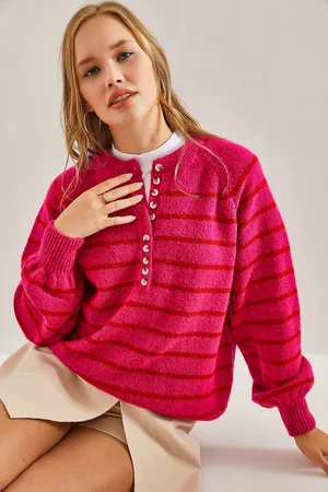 Bianco Lucci Gestreifter Strickpullover Mit Rollkragen Und Geknöpftem Kragen für Damen - Standard