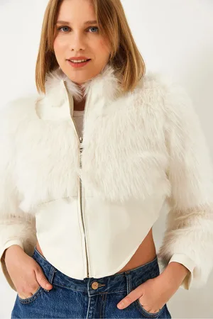 Bianco Lucci Leder Garni Detaillierte Crop Kunstpelzjacke 2622 für Damen - 36