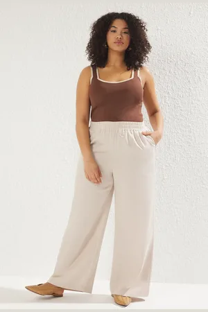 Trendyol Beigefarbene, Gewebte Plus-size-hose Mit Leinen Und Elastischem Bund für Damen - 50