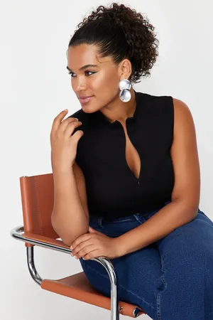 Trendyol Schwarze, Gerippte Camisole-strickbluse Aus 100 % Baumwolle Mit Reißverschluss In Übergröße für Damen - 6XL