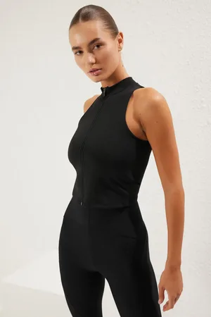 Trendyol Sportoberteil Aus Schwarzem Scuba-stoff Mit Reißverschluss Und Stehkragen – für Damen - XL