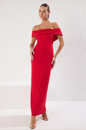 Trendyol Rotes, Gerades, Gerades, Gewebtes Finike-maxikleid Mit Schleife Und Heimkehrkleid für Damen - 42