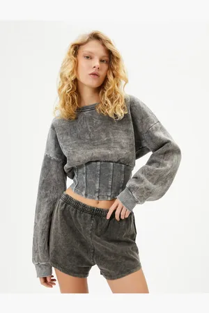 Koton Raised Corset Detailliertes Crop-sweatshirt Mit Blassem Effekt, Langärmlig, Rundhalsausschnitt, Schmale Passform für Damen - XS