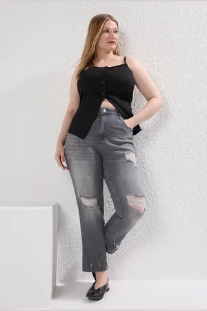 Trendyol Graue, Dehnbare Skinny-jeans Mit Hoher Taille Und Zerrissenen Details für Damen - 50