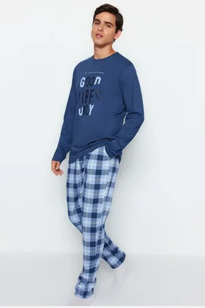 Trendyol Blaues Pyjama-set Mit Karomuster Und Normaler Passform – 100 % Baumwolle für Herren - L