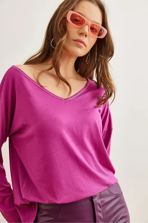 Olalook Silber Nähte Detaillierte V-ausschnitt Viskose Bluse Blz- 19002747 für Damen - XL