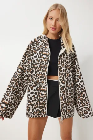 Happiness istanbul Weißbrauner Leinen-trenchcoat Mit Leopardenmuster – Kapuze, für Damen - S/M