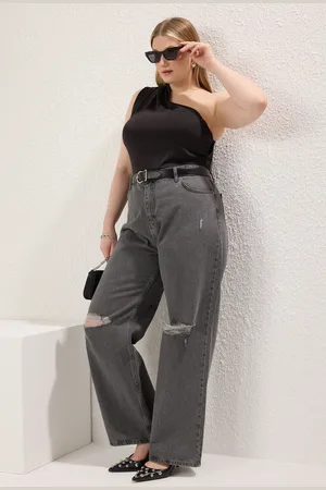 Trendyol Graue Jeans Mit Weitem Bein – Hohe Taille, Destroyed, Große Größe für Damen - 42