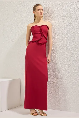 Trendyol Burgunderrotes, Gerades, Gerade Geschnittenes, Mit Quasten Gewebtes Finike-maxi-abendkleid Und Heimkehrkleid für Damen - 34