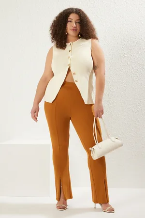 Trendyol Braune, Schmale, Gestrickte Hose Mit Hoher Taille Und Reißverschluss In Übergröße für Damen - 2XL