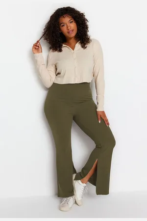 Trendyol Ölgrüne, Ausgestellte, Gestrickte Hose Mit Spanischem Beinschlitz In Übergröße für Damen - 5XL