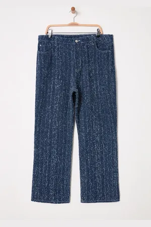 Trendyol Blaue Strukturierte Jeans Mit Hoher Taille – Gerade Passform In Übergröße für Damen - 48