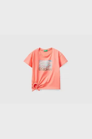 Benetton Korallefarbenes Kurzes Glitzer-t-shirt Mit Grafikdruck Für Mädchen für Damen - 7–8 Jahre