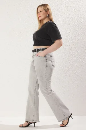 Trendyol Graue Jeans Mit Hoher Taille Und Bequemer Nähterung, Ausgestellter Beinausschnitt Und Ausgestellter Passform für Damen - 44