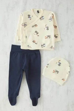 Trendyol Beigefarbenes 3-teiliges Baby-jungen-set Aus 100 % Baumwolle Mit Bedruckten Leggings Und Unterteil für Herren - 0–3 Monate