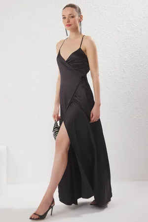 Trendyol Schwarzes, Gewebtes, Langes, Schickes Abendkleid Aus Satin In A-linie, Nachtkleid für Damen - 34
