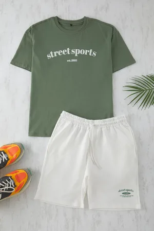 Trendyol 2-teiliges Oversize-trainingsanzug-set In Smaragdgrün-ecru – Shorts Und T-shirts Aus 100 % Baumwolle für Herren - XL