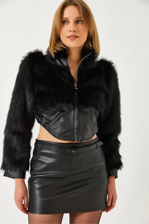 Bianco Lucci Leder Garni Detaillierte Crop Kunstpelzjacke 2622 für Damen - 38