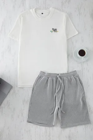 Trendyol Ecrufarbenes, Mit Koala Besticktes, Gestreiftes, Gestricktes Unisex-pyjama-set – , Normale Passform für Herren - L