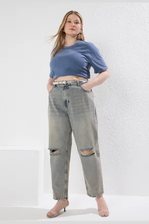 Trendyol Blaue, Zerstörbare, Detaillierte Mom-fit-jeans Mit Hoher Taille für Damen - 46