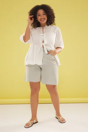 Trendyol Weiße Brode-bluse In Übergröße – Babyhalsband, Schleifendetail, Kurze Ballonärmel, Voile für Damen - 42