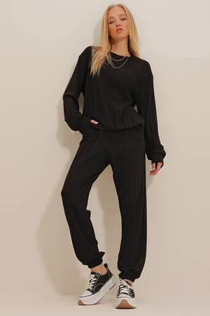 Trend Alacati stili Schwarzes Set Aus Strickpullover Mit Rundhalsausschnitt Und Jogginghose Mit Doppeltaschen für Damen - L