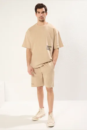 Trendyol Beigefarbenes Baumwoll-trainingsanzug-set – Bequemer Schnitt Mit Textdruck für Herren - XL