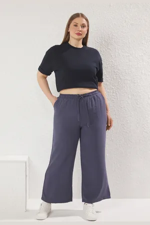 Trendyol Anthrazitfarbene, Gewebte Hose Mit Weitem Bein Und Elastischem Bund In Übergröße für Damen - 44