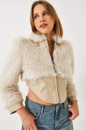 Bianco Lucci Leder Garni Detaillierte Crop Kunstpelzjacke 2622 für Damen - 38