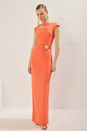 Trendyol Orangefarbenes, Gerades, Gerade Geschnittenes, Detailliertes, Gestricktes Sandy-maxi-abendkleid Und Heimkehrkleid für Damen - 40