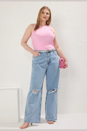 Trendyol Eisblaue, Hoch Taillierte, Zerrissene Jeans Mit Weitem Bein Und Weitem Bein In Übergröße für Damen - 42