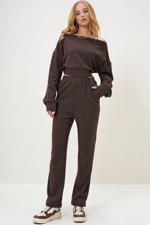 Trend Alacati stili Madonna-kragen-crop-sweat- Und Elastisches Hosen-set – Brauner Stoff für Damen - M