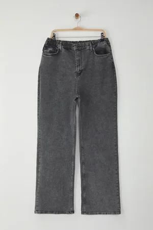 Trendyol Graue Jeans Mit Hoher Taille Und Elastischem Bund, Weites Bein, Bequem, Große Größe, Weites Bein, für Damen - 44