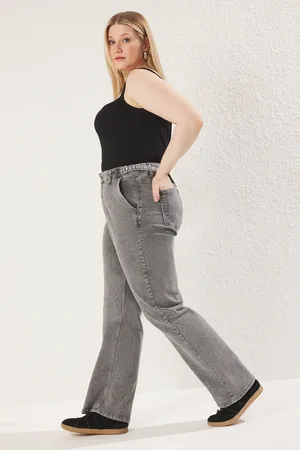 Trendyol Graue Jeans Mit Hoher Taille Und Verstellbarer Taille, Bequem, Gerade Passform, Große Größe für Damen - 48
