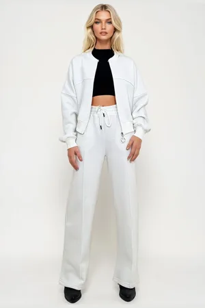 Trend Alacati stili Weißes Set Mit Rundhalsausschnitt, 3-fädigem Raster-sweatshirt Mit Reißverschluss Vorne Und Hose Mit Gras für Damen - XL
