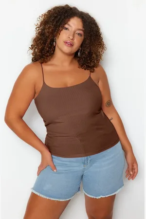 Trendyol Braune, Gerippte, Gestrickte Bluse Mit Spaghettiträgern In Übergröße für Damen - XL
