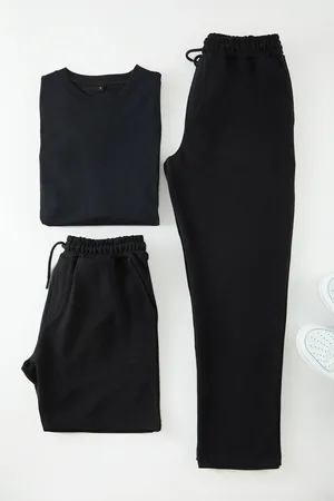 Trendyol Schwarzes 3-teiliges Oversize/wide-cut-t-shirt, Jogginghose Und Shorts, Trainingsanzug-set Aus 100 % Baumwolle für Herren - L