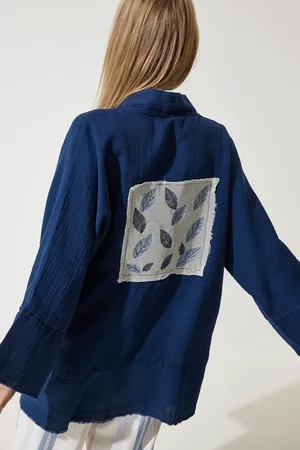 Happiness istanbul Marineblauer Premium-musselin-kimono Mit Blumenmuster für Damen - 38