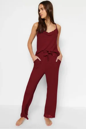 Trendyol Viskose-strick-pyjama-set – Burgunderrot Mit Spitze Und Banddetail, Seilband für Damen - M