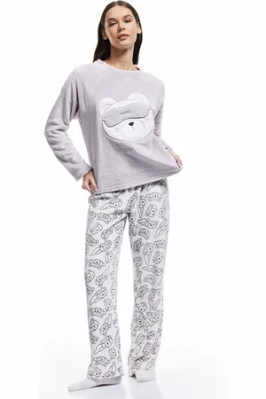 Koton Bequeme Passform Teddybär Applikation Detaillierte Langarm Plüsch Fleece Pyjama Set für Damen - XS