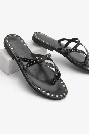 Marjin Schwarzes Echtes Leder Stapled Flip Flops Freizeitpantoffeln Pemora für Damen - 36