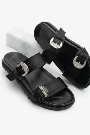 Marjin Hausschuhe Mit Doppeltem Streifen Und Stein, Pivze, Schwarzer Satin für Damen - 38