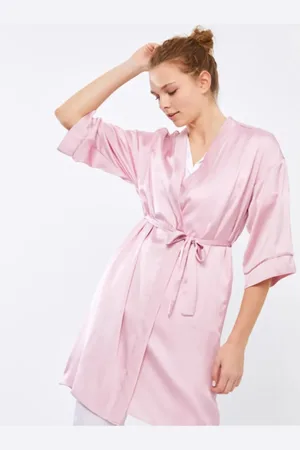 LC Waikiki Lcw Dream Morgenmantel Aus Satin Mit Zweireihigem Kragen Und Bindedetail, Bedruckt für Damen - 2XL