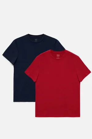 Avva Marineblau-weinrotes T-shirt , 2er-set, 100 % Baumwolle, Rundhalsausschnitt, für Herren - XS