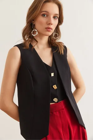 Olalook Schwarze Premium-doppelweste Mit Knopfdetail Und Doppellagigem Look Ylk- 19000058 für Damen - L
